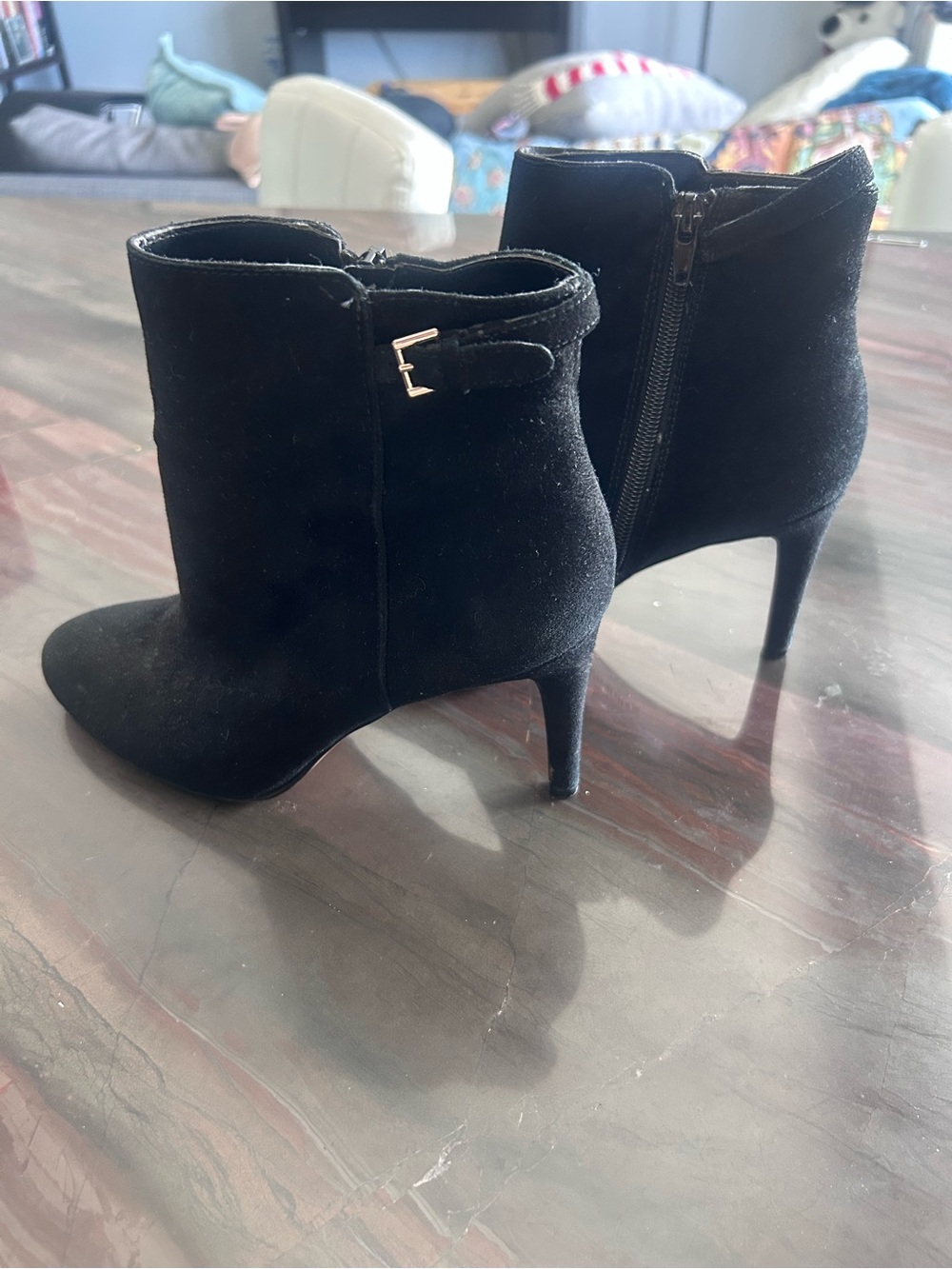 Nine West Black Suede Ankle Booties with Side Zip and Buckle